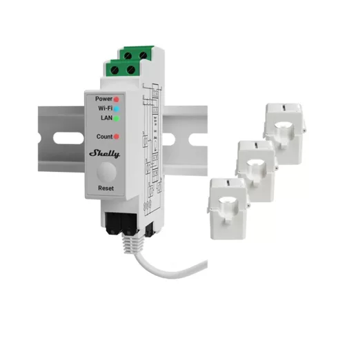 Shelly Pro 3EM 120A V2 – Energy meter, three-phase, with 3 x 120A current transformers, Wi-Fi, Ethernet, Matter (SPEM-003CEBEU)