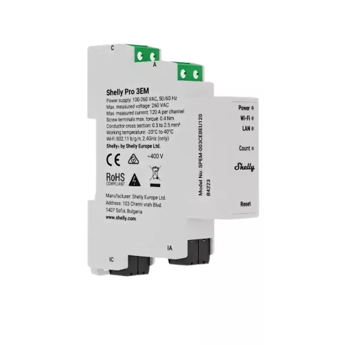 Shelly Pro 3EM 120A V2 – Energy meter, three-phase, with 3 x 120A current transformers, Wi-Fi, Ethernet, Matter (SPEM-003CEBEU)