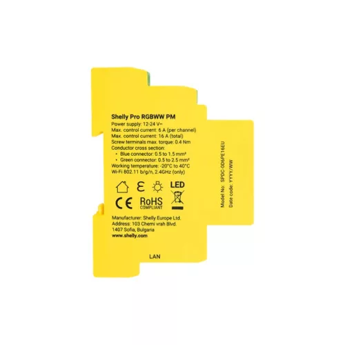 Shelly Pro RGBWW PM smart Wi-Fi + Ethernet RGBWW LED controller, DIN-rail compatible