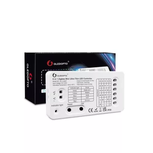 Gledopto GL-C-002P (6A), Zigbee Pro 5-in-1 Mini Ultra Thin LED controller (Zigbee+RF) 5V-24V DC, 6A
