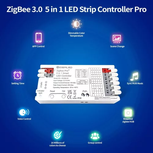 Gledopto GL-C-201P, Zigbee Pro 5-in-1 LED controller (Zigbee+RF) 12V-54V DC