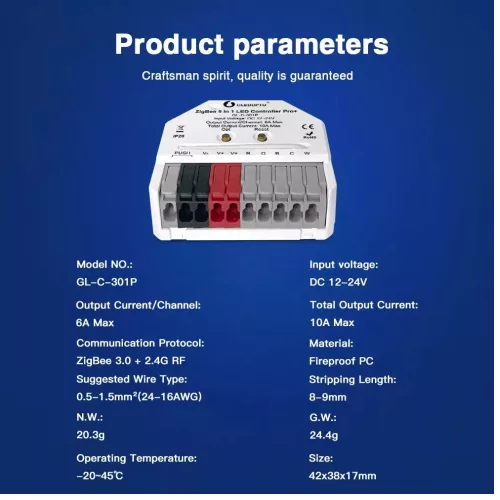 Gledopto GL-C-301P ZigBee Pro+ (Zigbee 3.0 + RF 2.4GHz) Ultra Mini 5-in-1 RGBCCT LED strip controller