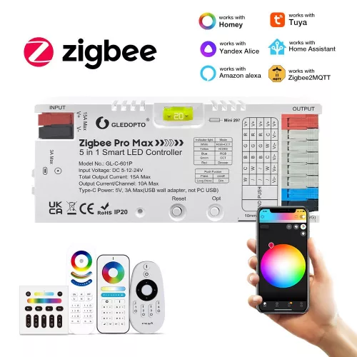 Gledopto Zigbee Pro Max –  5-in-1 LED controller, 15A, Zigbee, RF 2.4GHz (GL-C-601P)