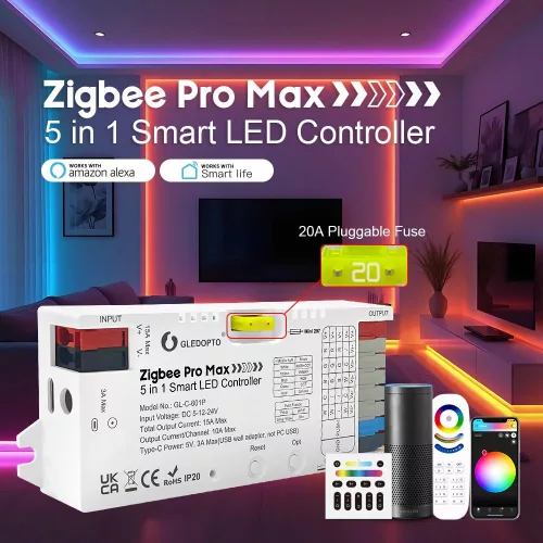 Gledopto Zigbee Pro Max –  5-in-1 LED controller, 15A, Zigbee, RF 2.4GHz (GL-C-601P)