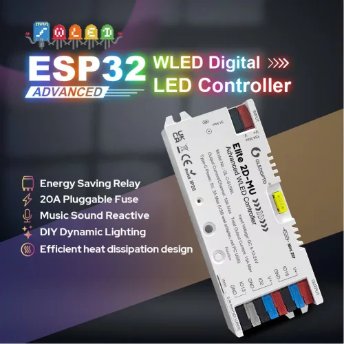 Gledopto Elite 2D-MU Advanced WLED Controller  – Two-channel RGBIC LED controller with microphone, USB‑C, ESP32, Wi‑Fi (GL-C-615WL)