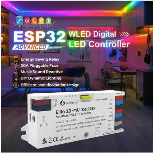 Gledopto Elite 2D-MU Advanced WLED Controller  – Two-channel RGBIC LED controller with microphone, USB‑C, ESP32, Wi‑Fi (GL-C-615WL)