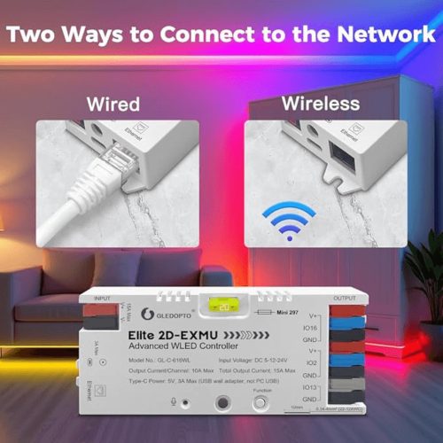 Gledopto Elite 2D-EXMU Advanced WLED Controller  – Two-channel RGBIC LED controller with microphone, USB‑C, ESP32, Wi‑Fi, Ethernet (GL-C-616WL)