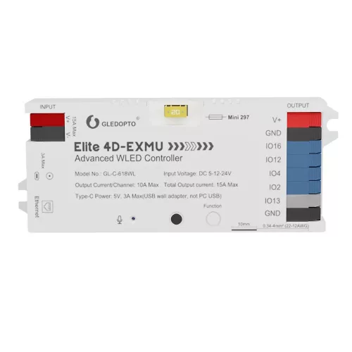 Gledopto Elite 4D-EXMU Advanced WLED Controller  – Four-channel RGBIC LED controller with microphone, USB‑C, ESP32, Wi‑Fi, Ethernet (GL-C-618WL)