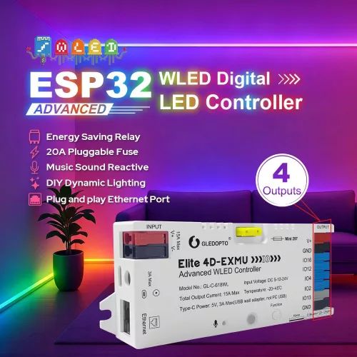 Gledopto Elite 4D-EXMU Advanced WLED Controller  – Four-channel RGBIC LED controller with microphone, USB‑C, ESP32, Wi‑Fi, Ethernet (GL-C-618WL)