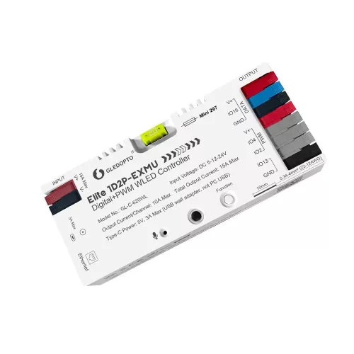 Gledopto Elite 1D2P-EXMU Digital + PWM WLED Controller – Four-channel RGBIC LED controller with microphone, USB‑C, ESP32, Wi‑Fi, Ethernet (GL-C-620WL)