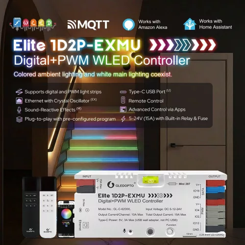 Gledopto Elite 1D2P-EXMU Digital + PWM WLED Controller – Four-channel RGBIC LED controller with microphone, USB‑C, ESP32, Wi‑Fi, Ethernet (GL-C-620WL)