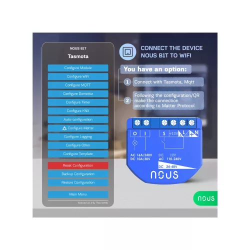 Nous B1T Smart Wi-Fi 1-gang mini relay module (Tasmota Firmware, Matter Compatible)