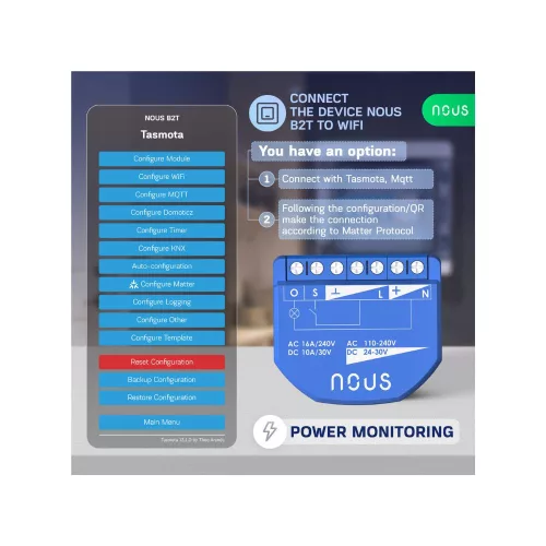 Nous B2T smart Wi-Fi 1-gang mini relay module with power meter (Tasmota firmware, Matter compatible)