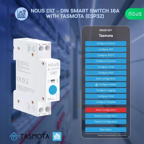 Nous D1T DIN-rail compatible Wi-Fi relay module with Tasmota firmware, Matter compatible, 16A