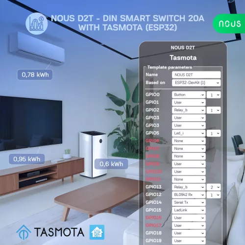 Nous D2T DIN Smart Switch 20A with Tasmota (1 channel, with PM, ESP32)