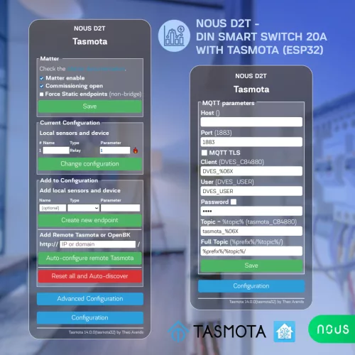 Nous D2T DIN Smart Switch 20A with Tasmota (1 channel, with PM, ESP32)