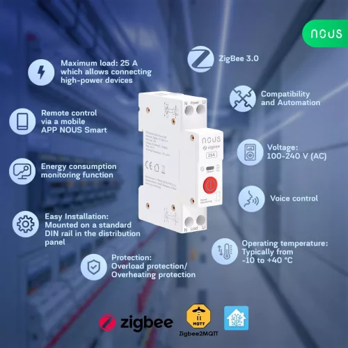 Nous D3Z - DIN-compatile smart Tuya Zigbee relay module, 25A